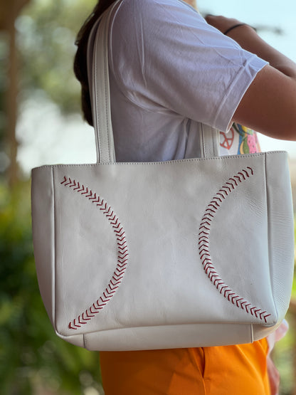 Plain White Leather Totes With Red Baseball Stitches