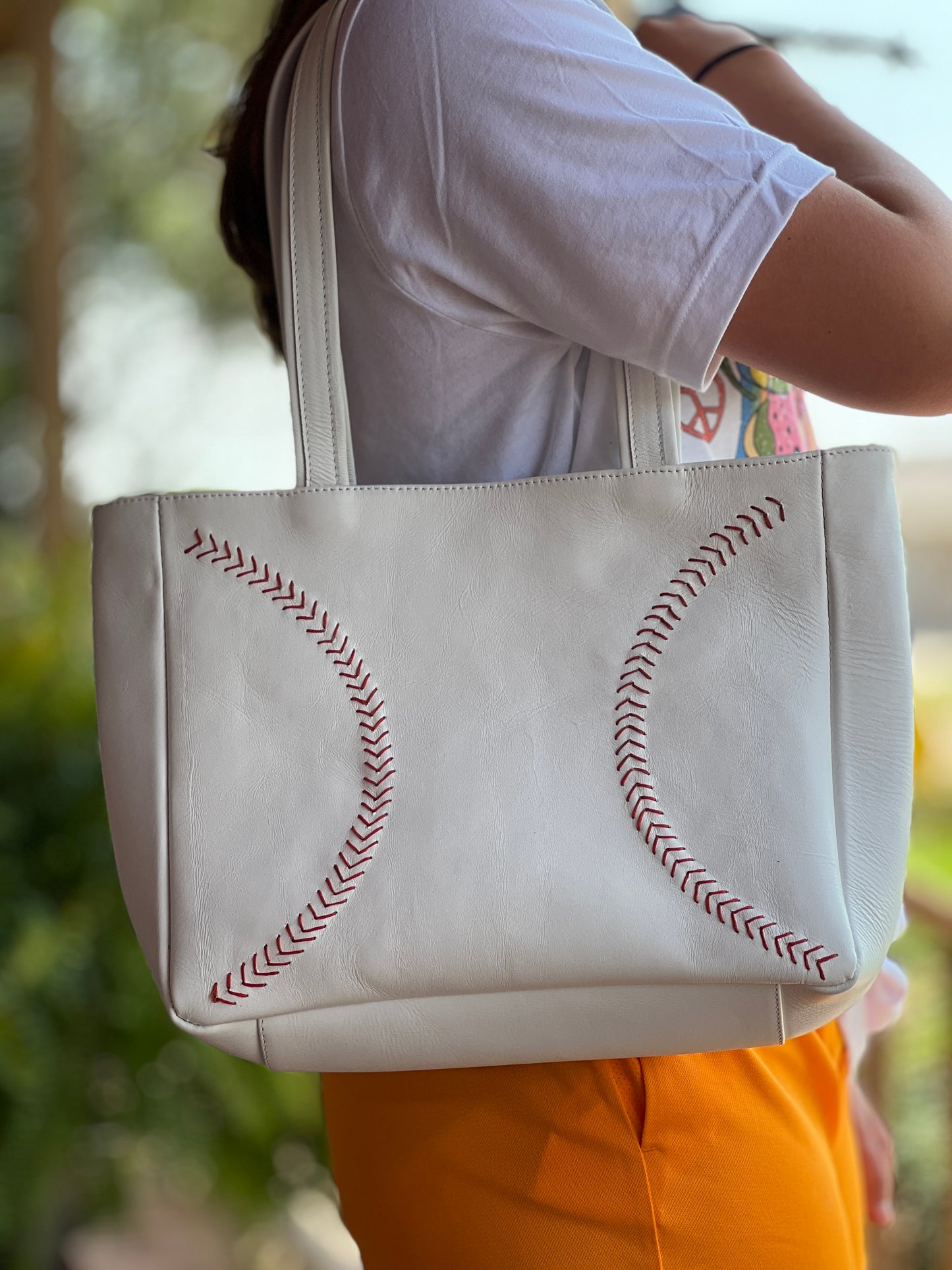 Plain White Leather Totes With Red Baseball Stitches