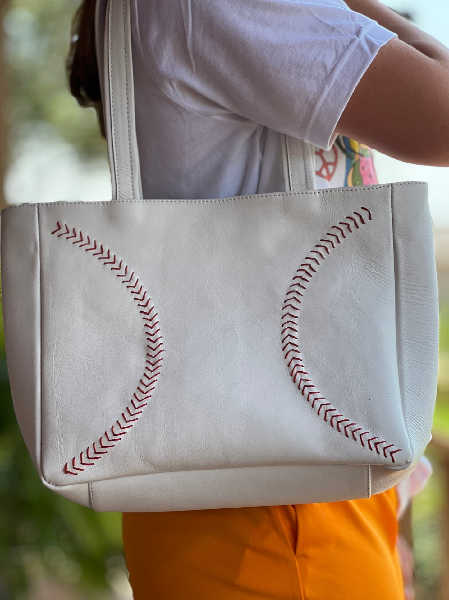 Plain White Leather Totes With Red Baseball Stitches