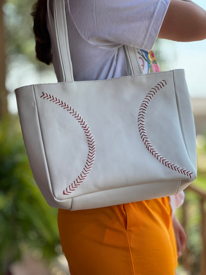 Plain White Leather Totes With Red Baseball Stitches