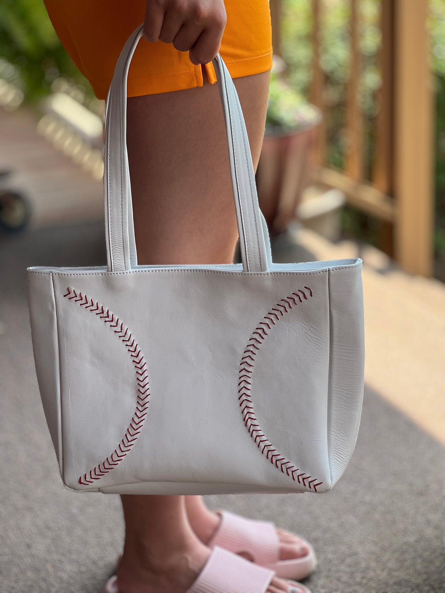 Plain White Leather Totes With Red Baseball Stitches