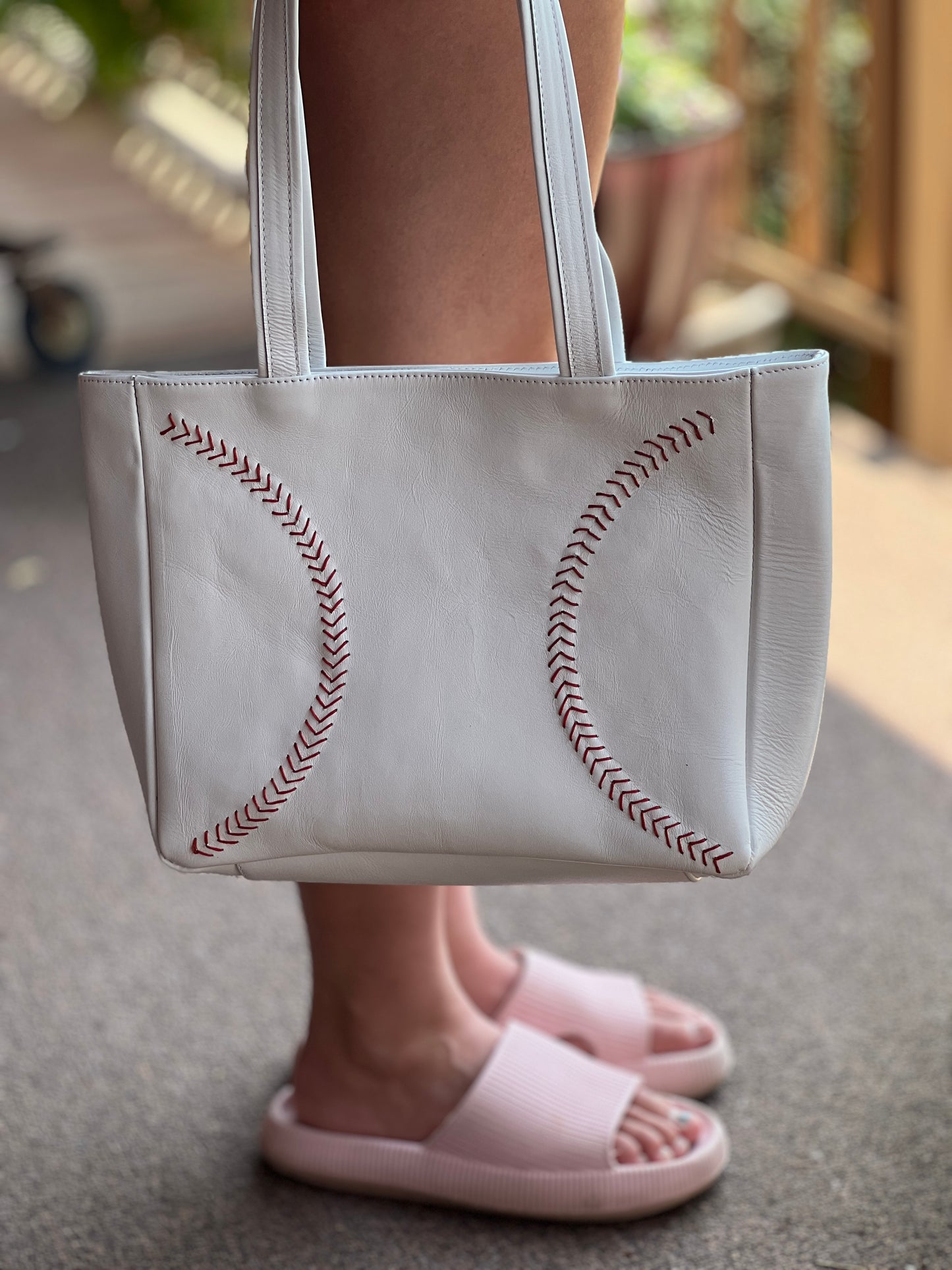 Plain White Leather Totes With Red Baseball Stitches