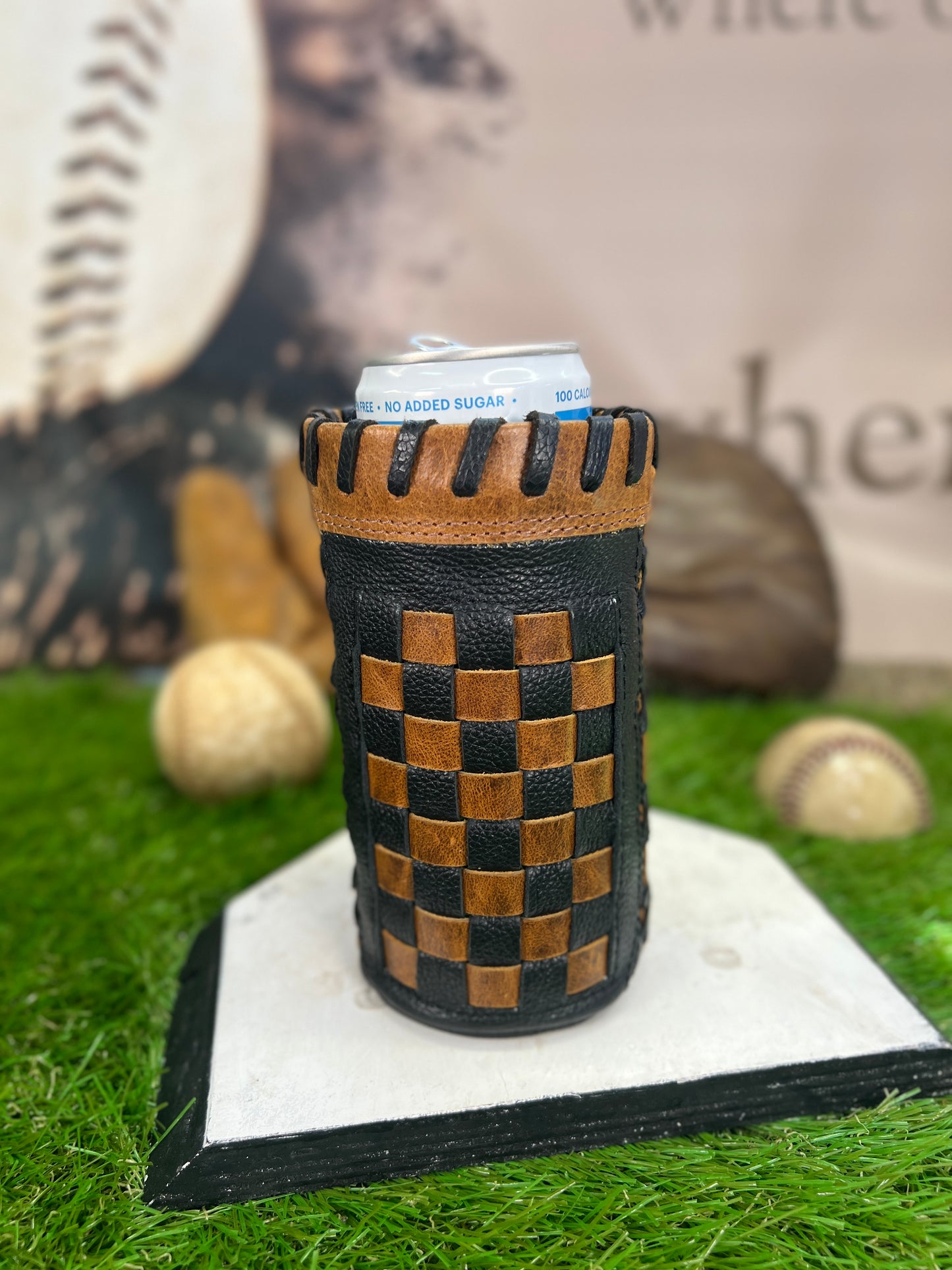 Pocket Coozie Tall Skinny Can 12oz Black With Brown Checkers