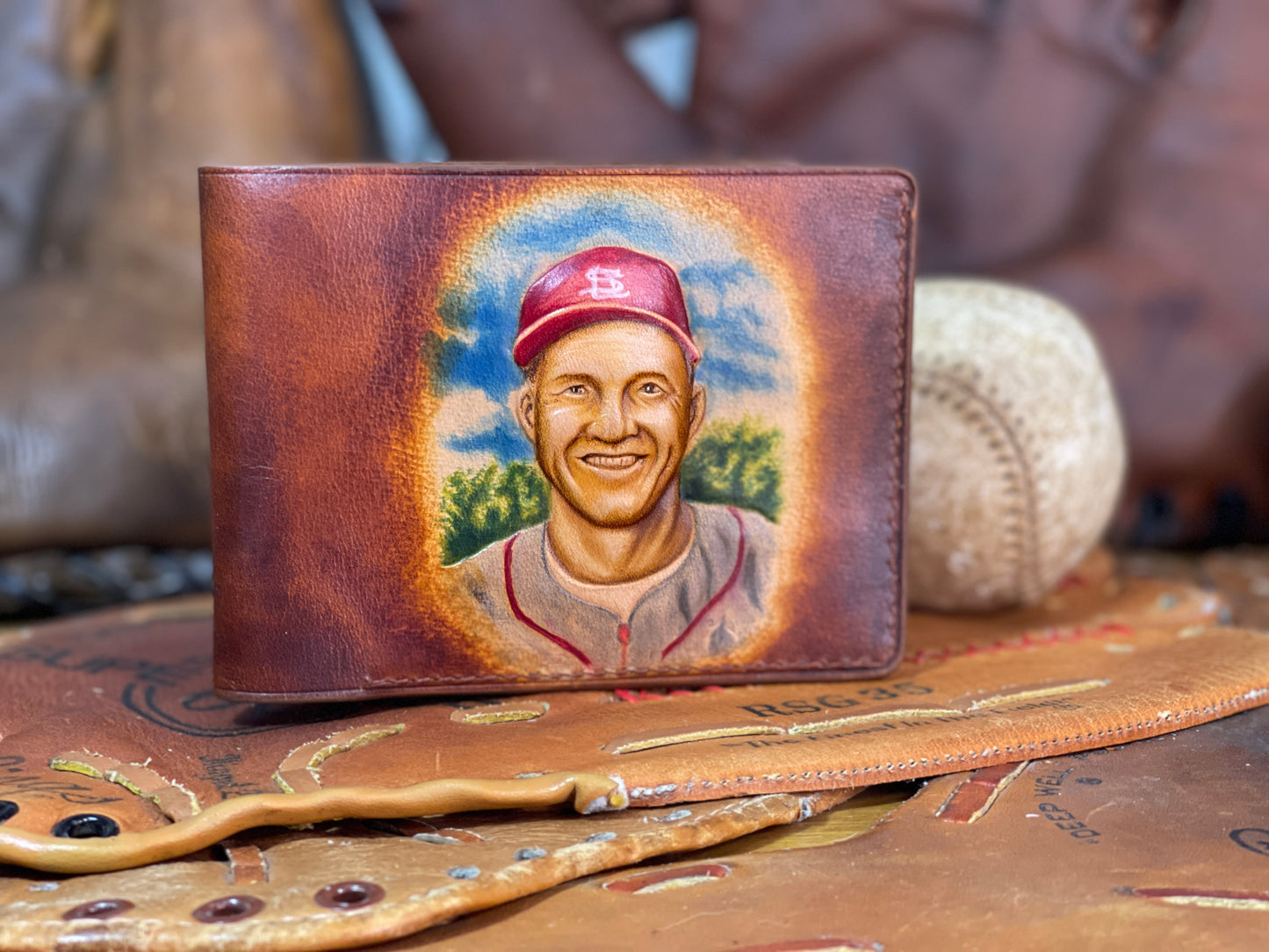 Stan Musial Carved Leather Art Wallet